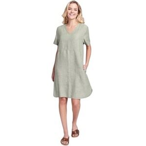 FLAX Tee Shirt Dress‎ Yarn Dyed Green Tea 100% Linen Size L